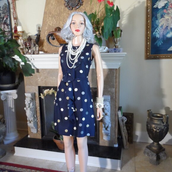 Kate Spade Navy Blue Multi Polka Dot Belted A Line Dress w/Front Ruffle Size 0 - Picture 4 of 16